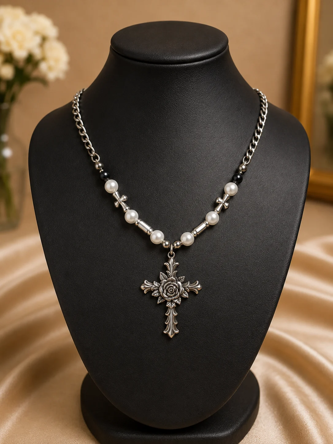Vintage Floral Cross Pearl Necklace