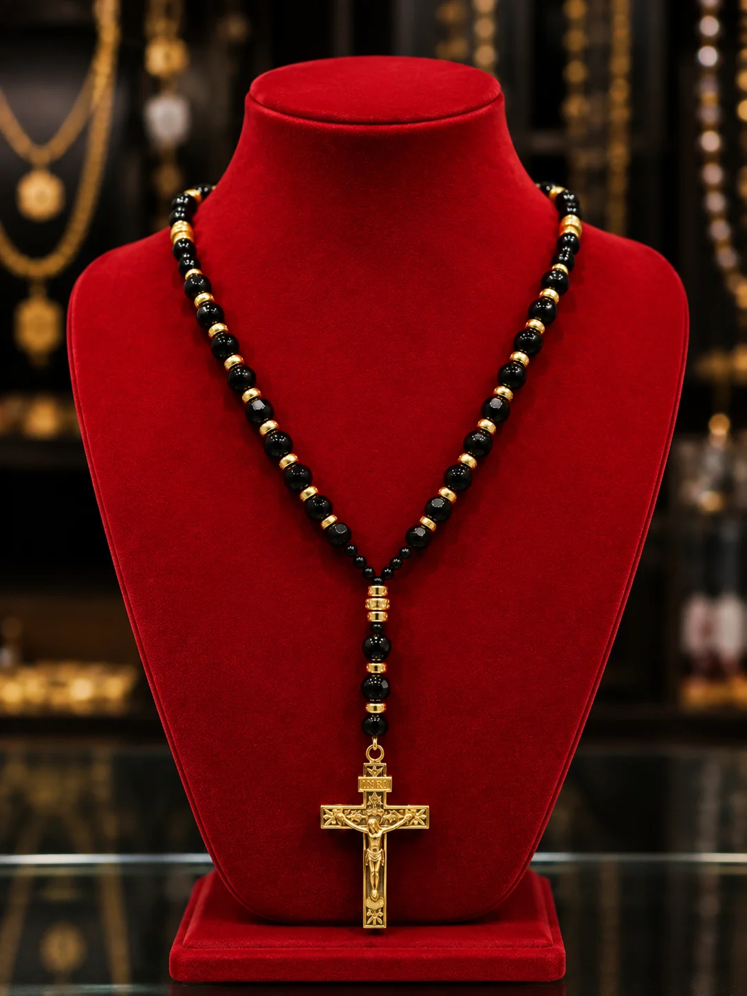 Premium Black Beaded Crucifix Pendant Necklace