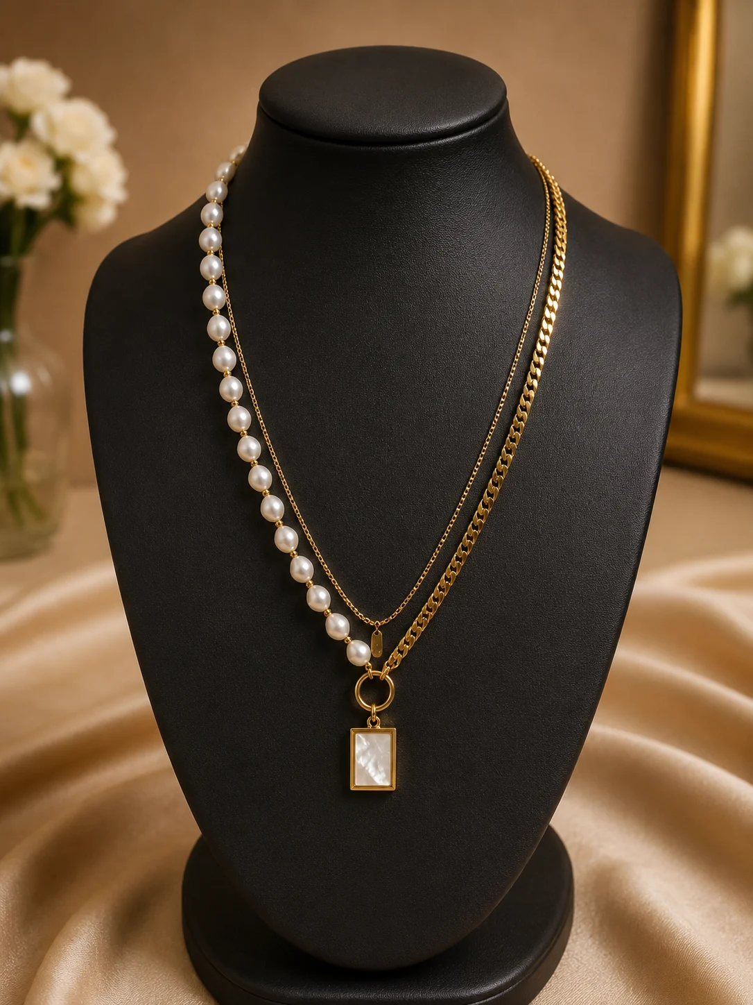 Elegant Layered Pearl & Gold Pendant Necklace