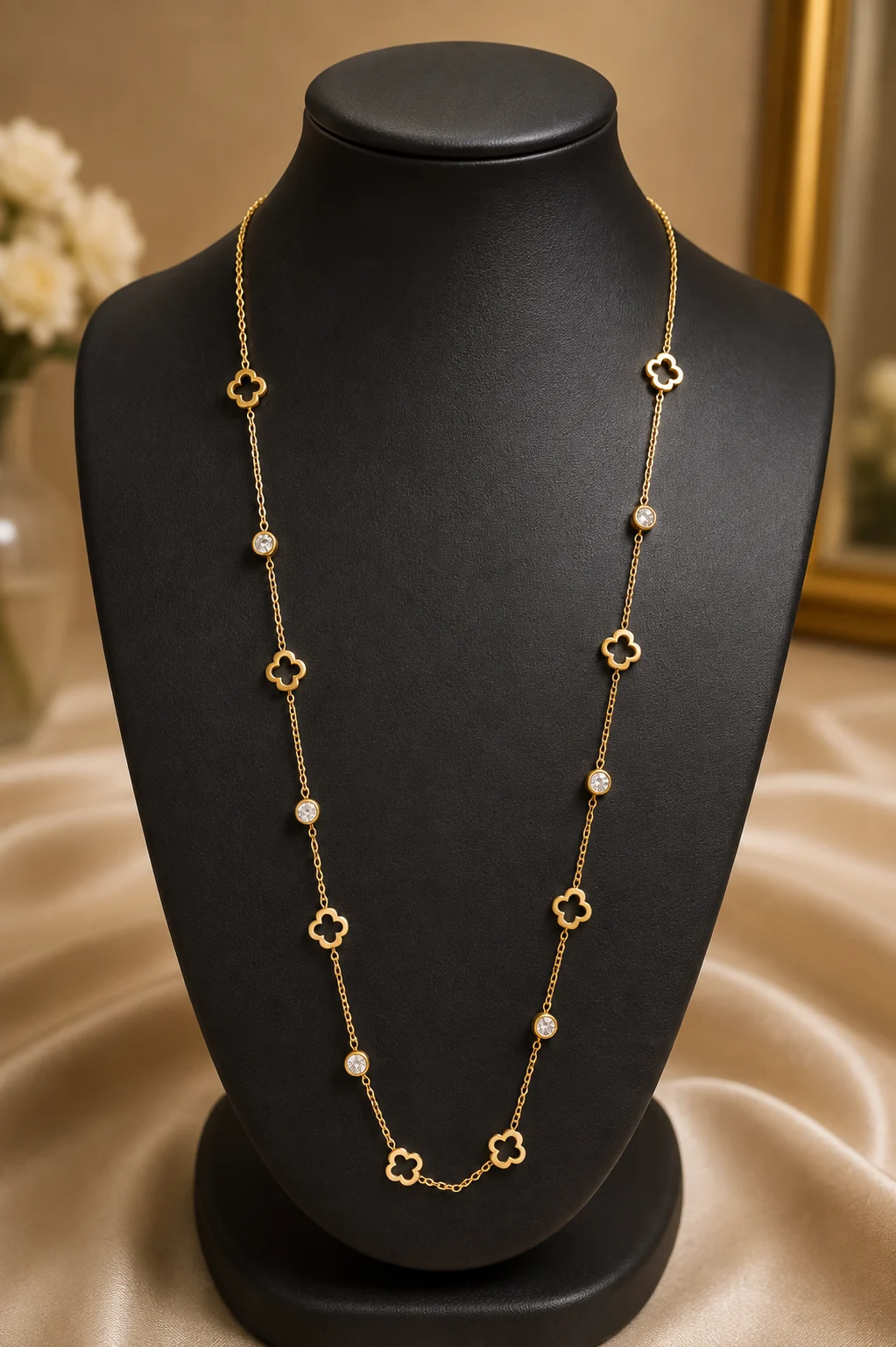 Premium Black Clover Crystal Station Necklace
